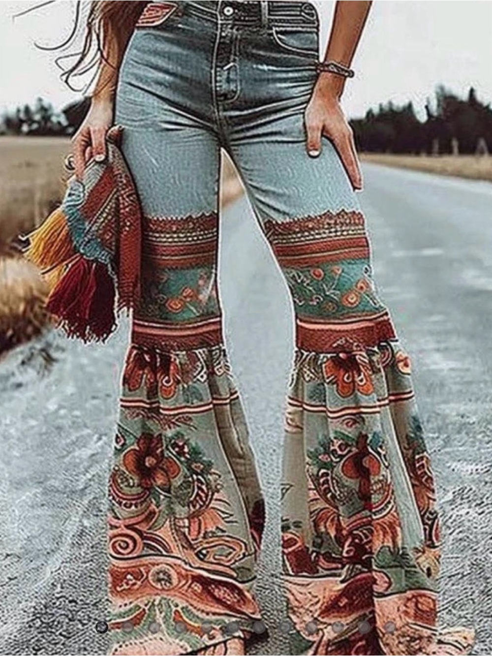 High-Waist Boho Flare Jeans in Green Multi